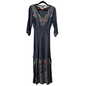 Grey Embroidered Maxi Dress M Smocked Waist Peachpuff Double Leg Slits Boho D55